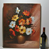 Still life painting with flowery vase bouquet flower signed Hilnan?