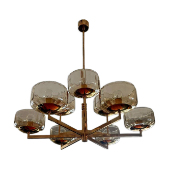Extremely rare - 9-light chandelier attributed to Gaetano Sciolari gilded with fine gold and amber glass - 1970s - Vintage