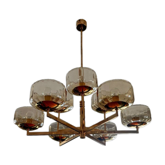 Lustre 9 feux attribué à Gaetano Sciolari doré à l'or fin et verre ambré, années 70