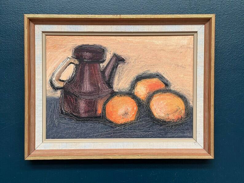 Original Swedish Oil on Panel – "Kattle and Oranges" by Herald – Signed – Dated 1966 – Framed Vintage Piece