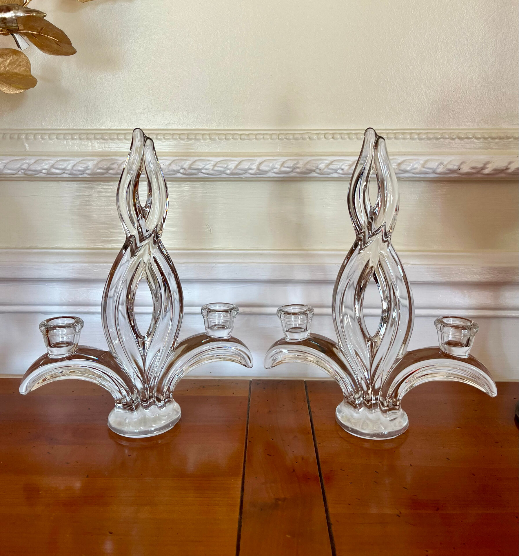 Pair of two-light crystal candlesticks signed Vannes