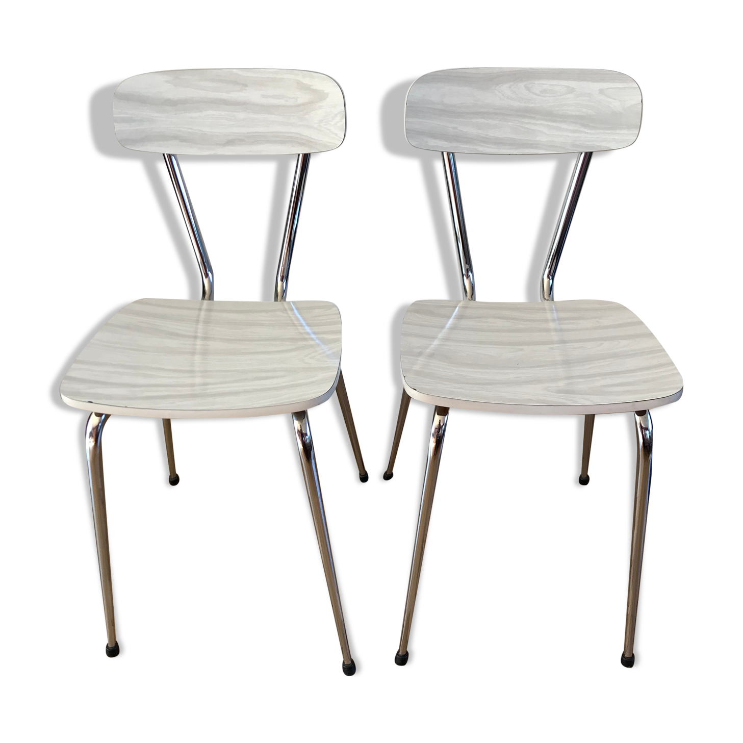 Duo of white formica chairs marble effect 70s