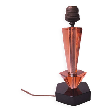 Art Deco style table lamp base in black and pink Bohemian crystal.