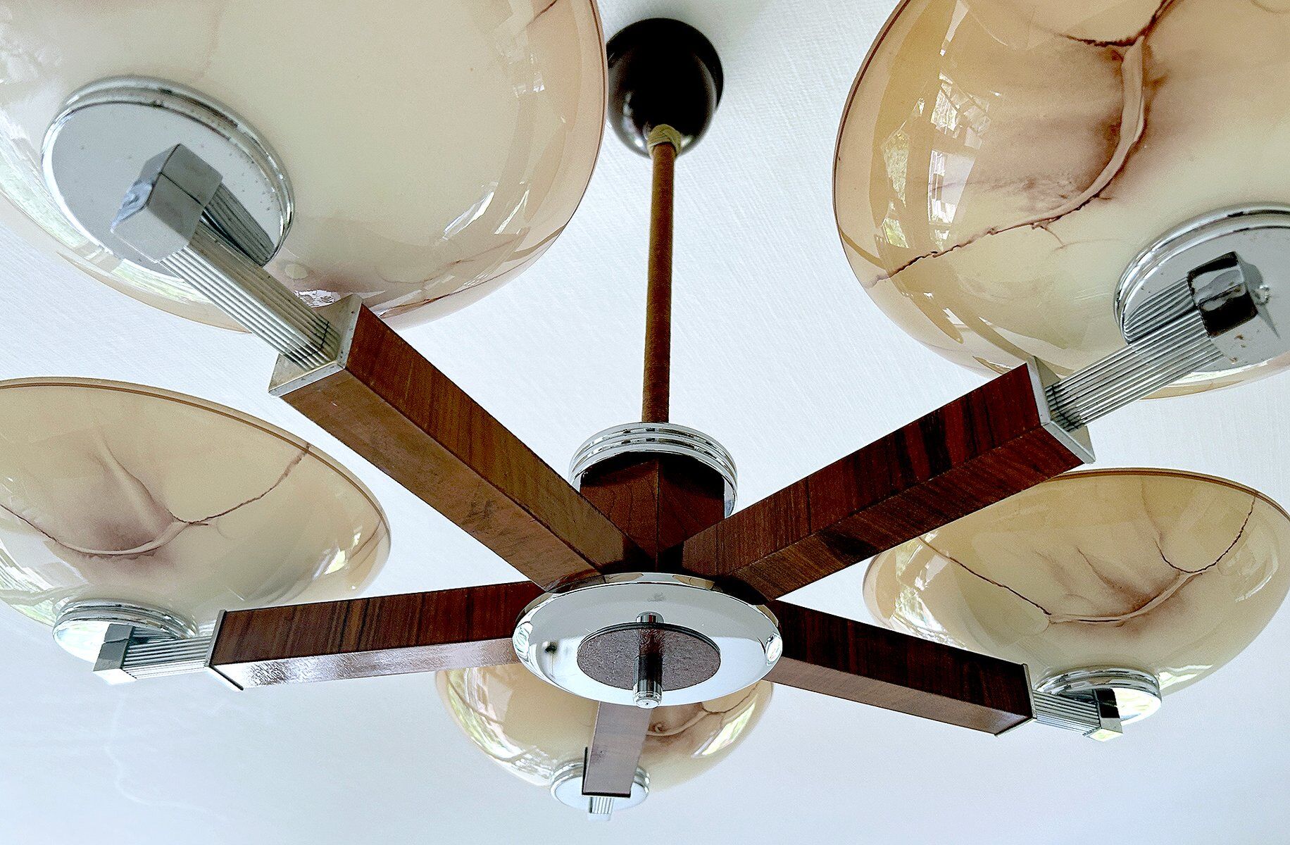 Large Art Deco pendant light in wood and glass, 1930s