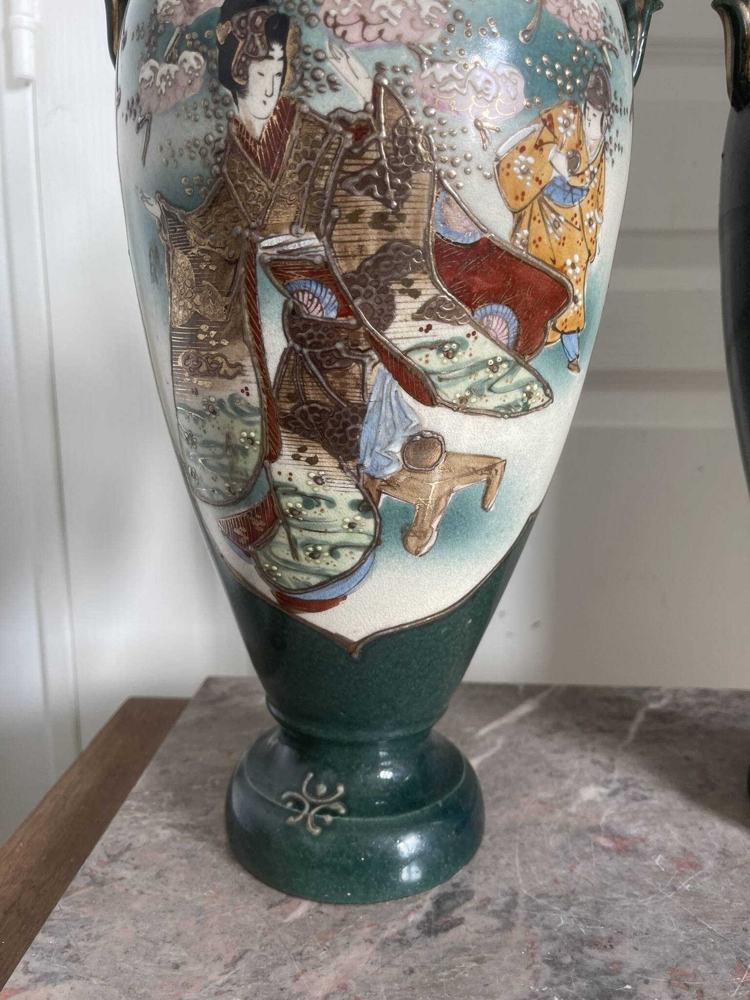 Antique Pair of Japanese Green Moriage Vases Baluster Amphora Flowers Restored