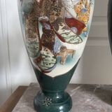 Antique Pair of Japanese Green Moriage Vases Baluster Amphora Flowers Restored