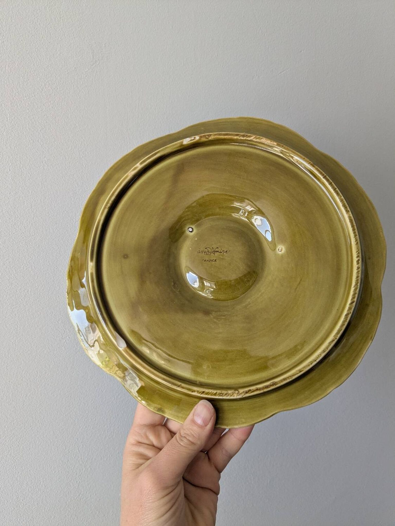 Set of 3 vintage green Sarreguemines majolica oyster plates.