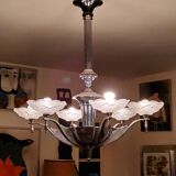 Art deco chandelier in chromed metal and glass 6 arms of lights