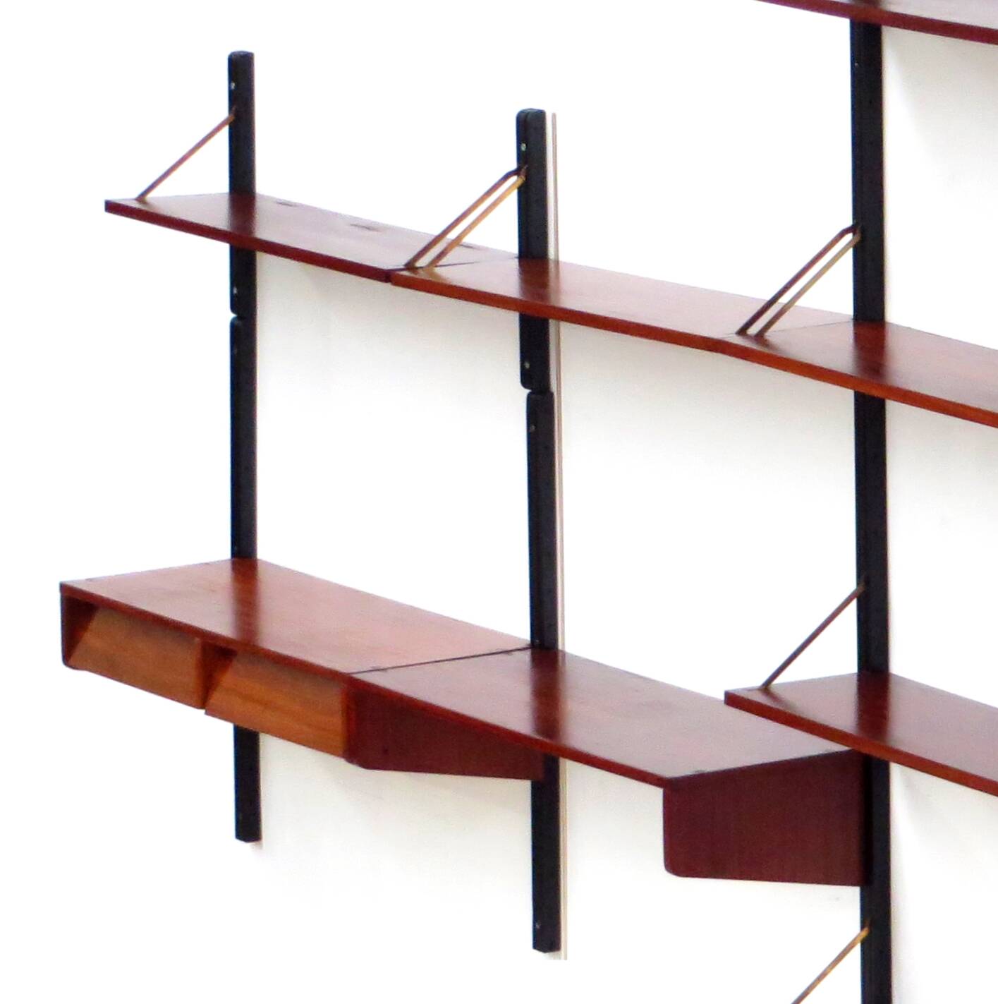 Mid century bookcase wall unit shelving system in teak with writing desk workstation, 1960s