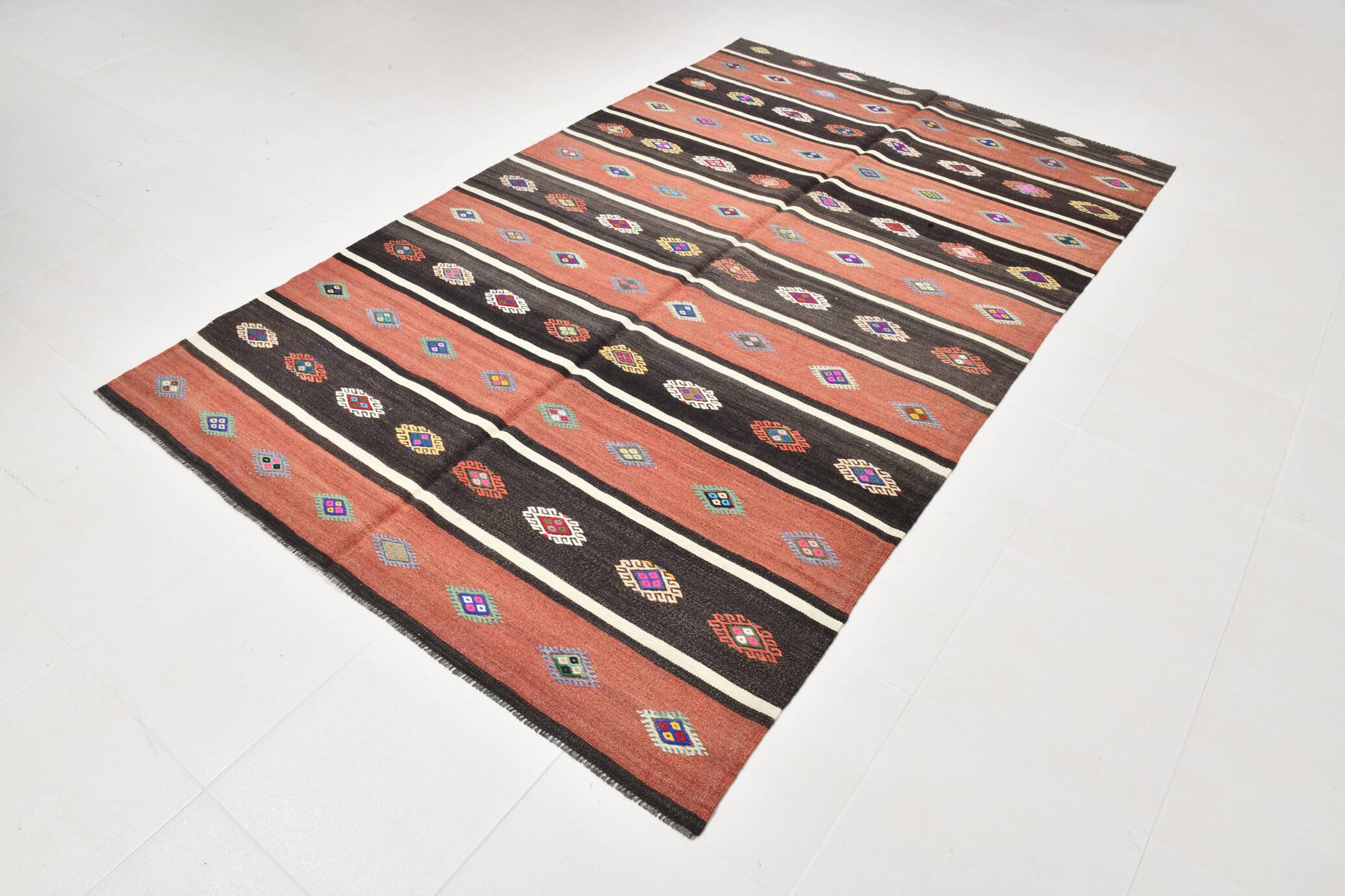 5x9 Red & Brown Striped Pattern Vintage Kilim Rug, 168x264Cm