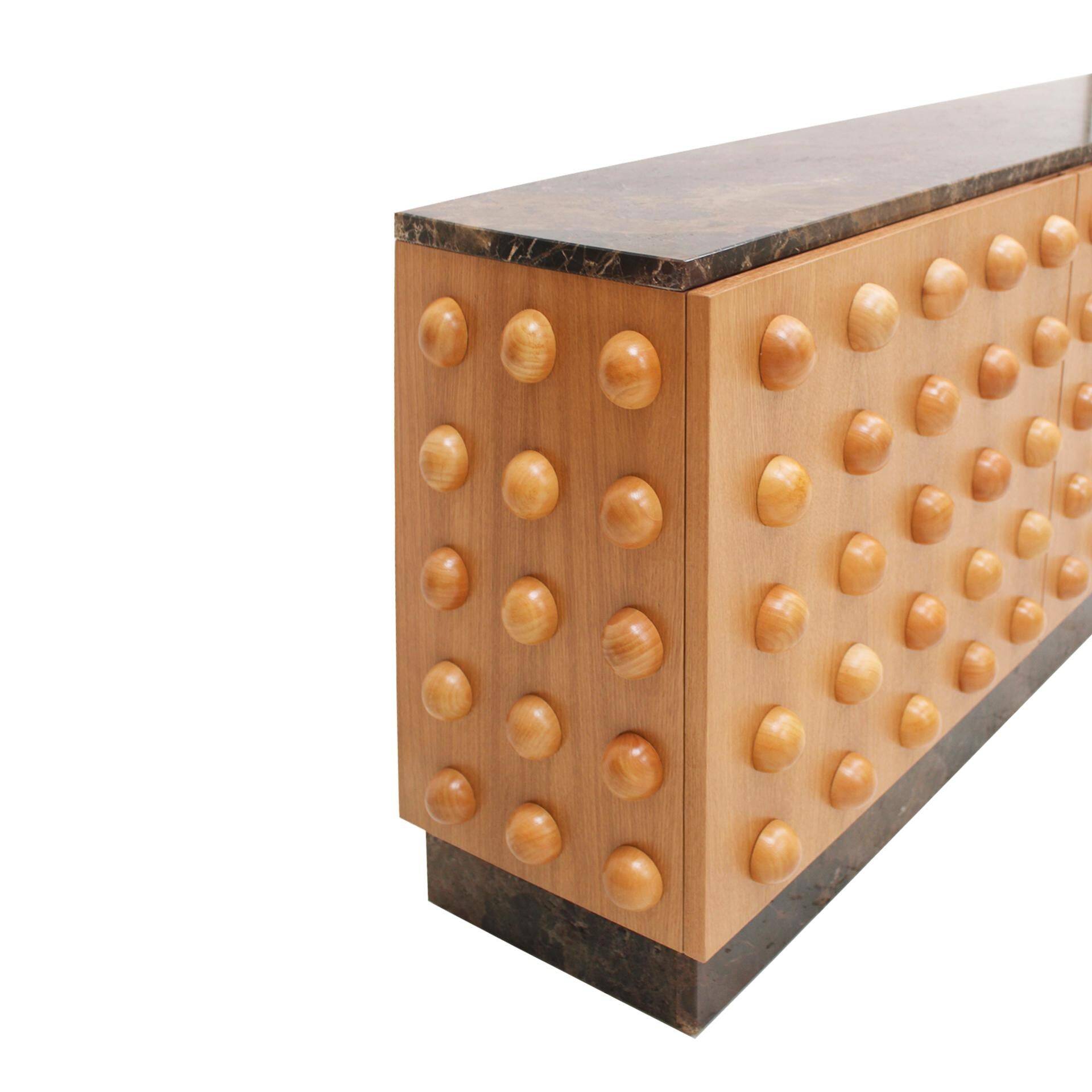 Handmade Carved Oak Sideboard With Emperor Marble Top, Italy