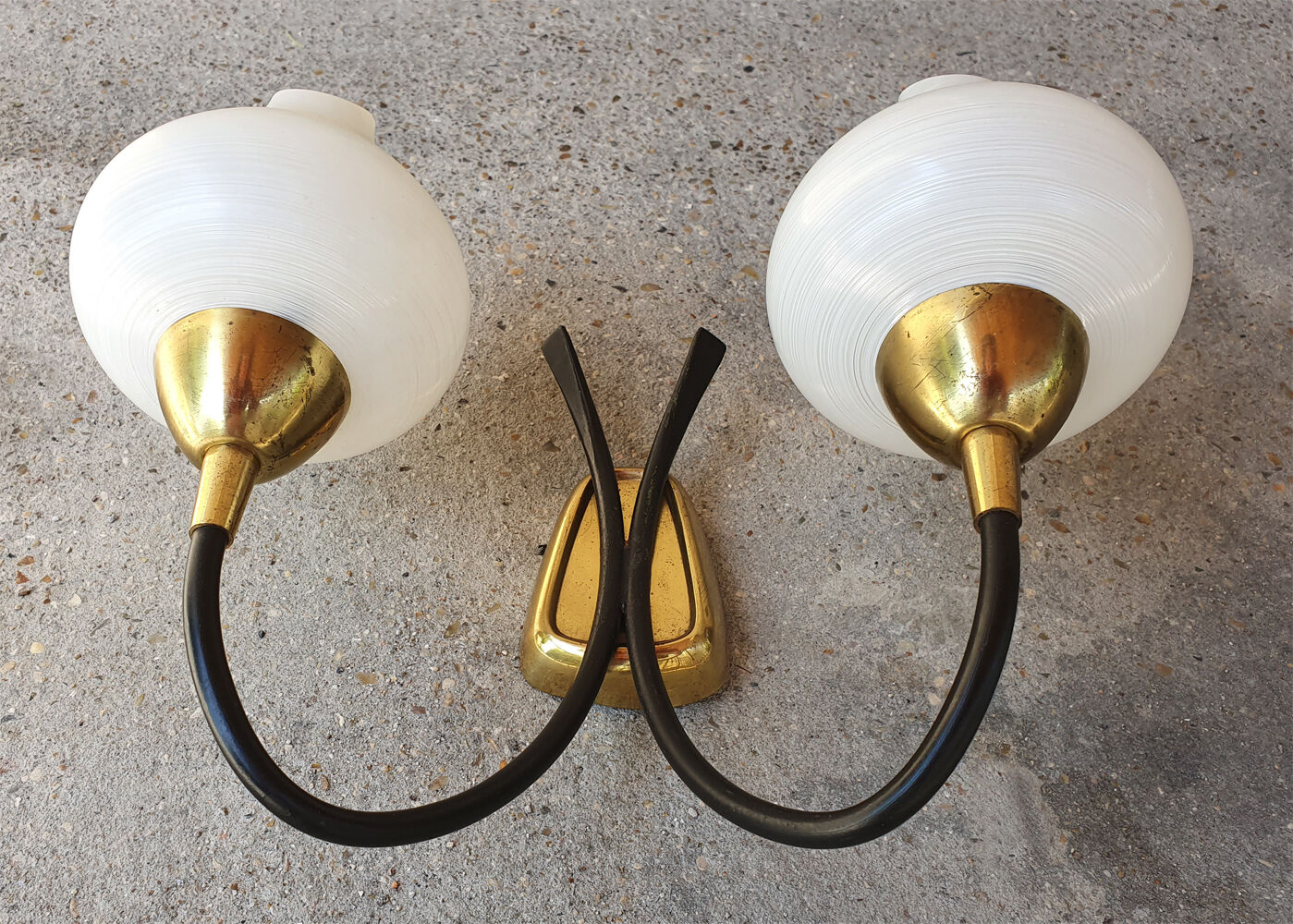 Pair vintage sconces, brass, steel and opaline 1950