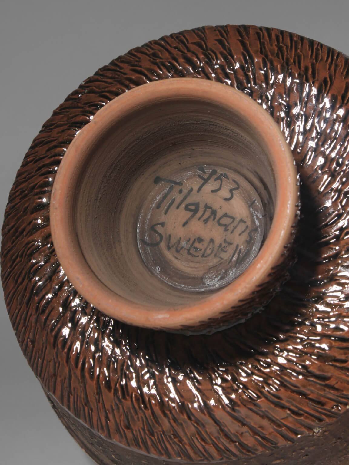 Textured And Glossy Glaze Ceramic Pedestal Bowl From Tilgmans, 1960s
