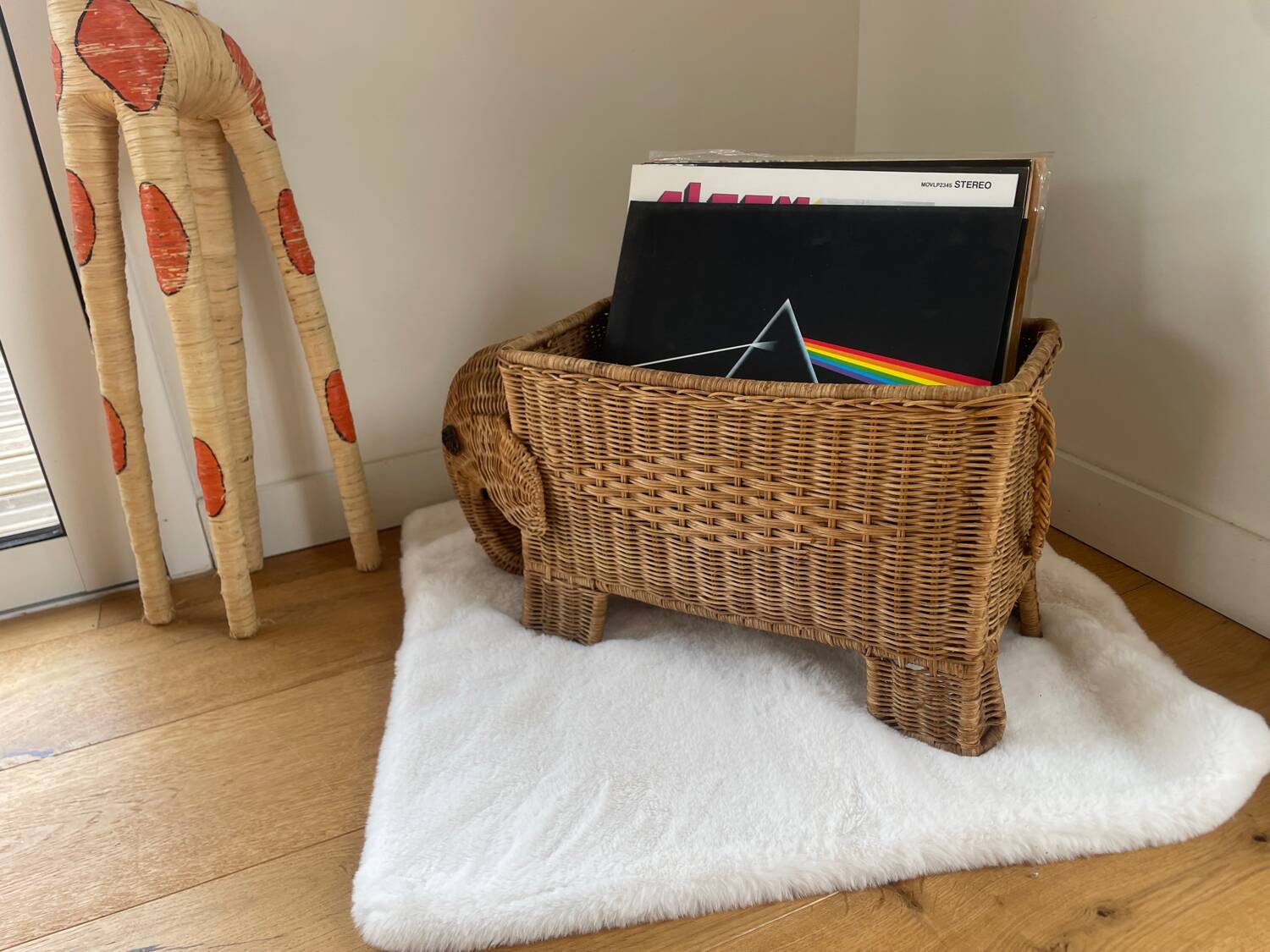 vintage rattan elephant magazine/vinyl holder