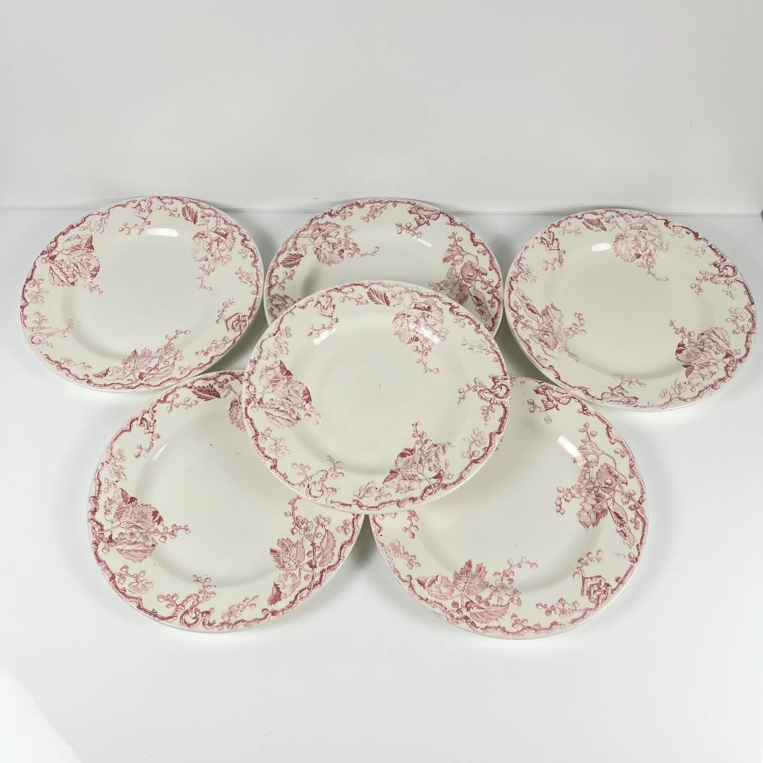 Set of 6 flat plates KG Lunéville Terre de fer, "Fontainebleau", pink, 19th century