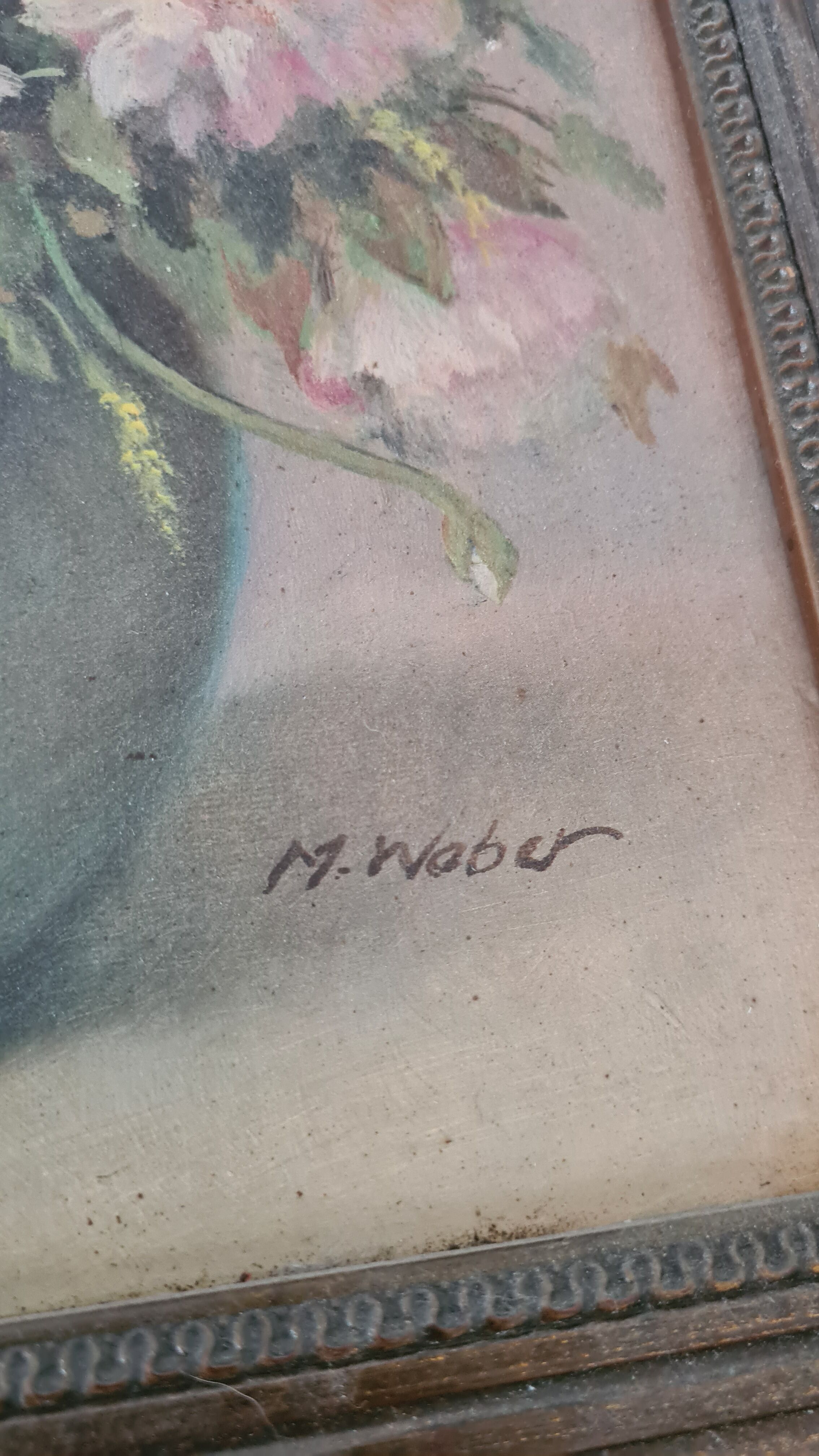 Old painting / oil painting by Mr. Weber (waber?) / flowers