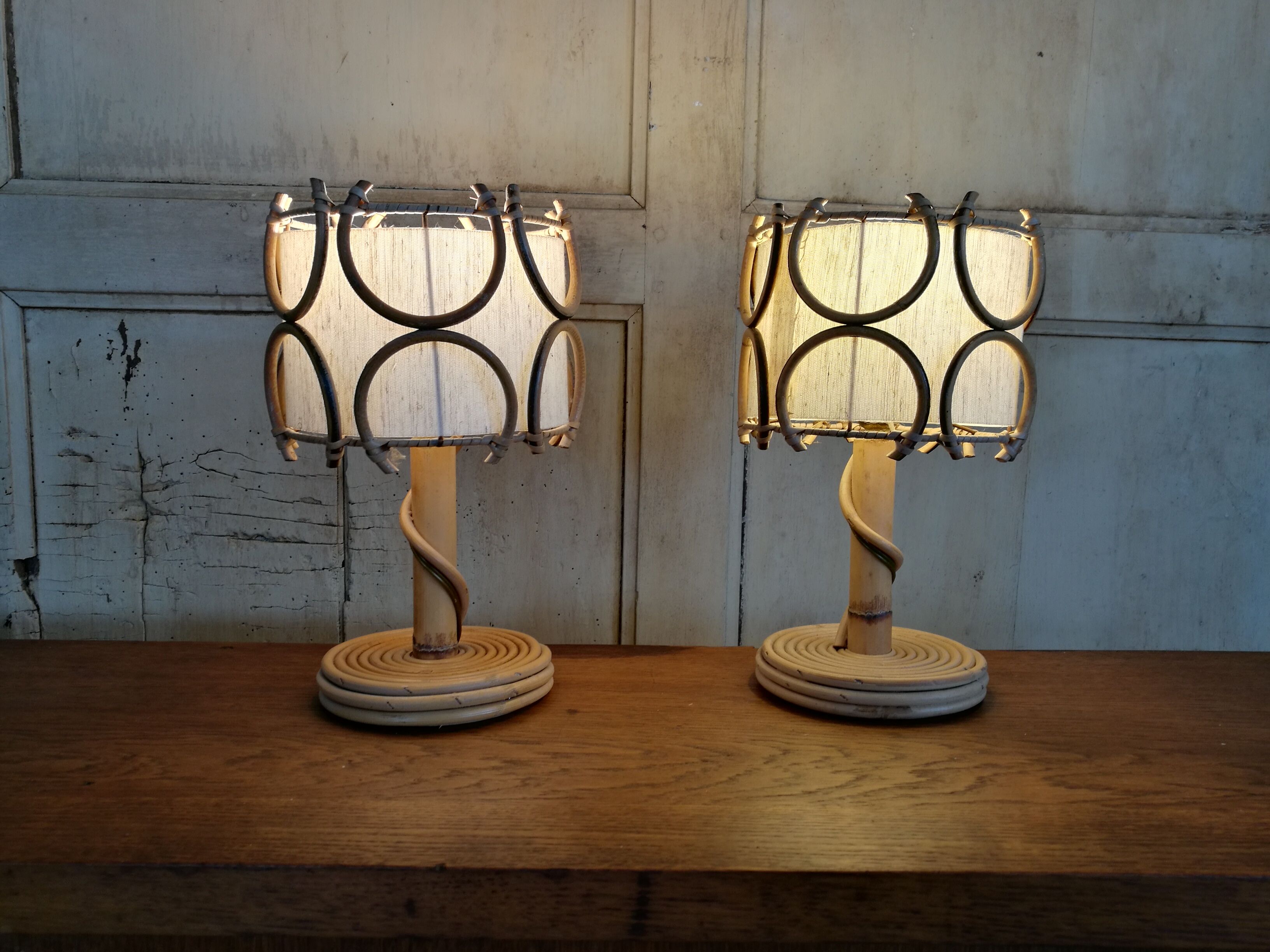 Pair of rattan bedside lamps