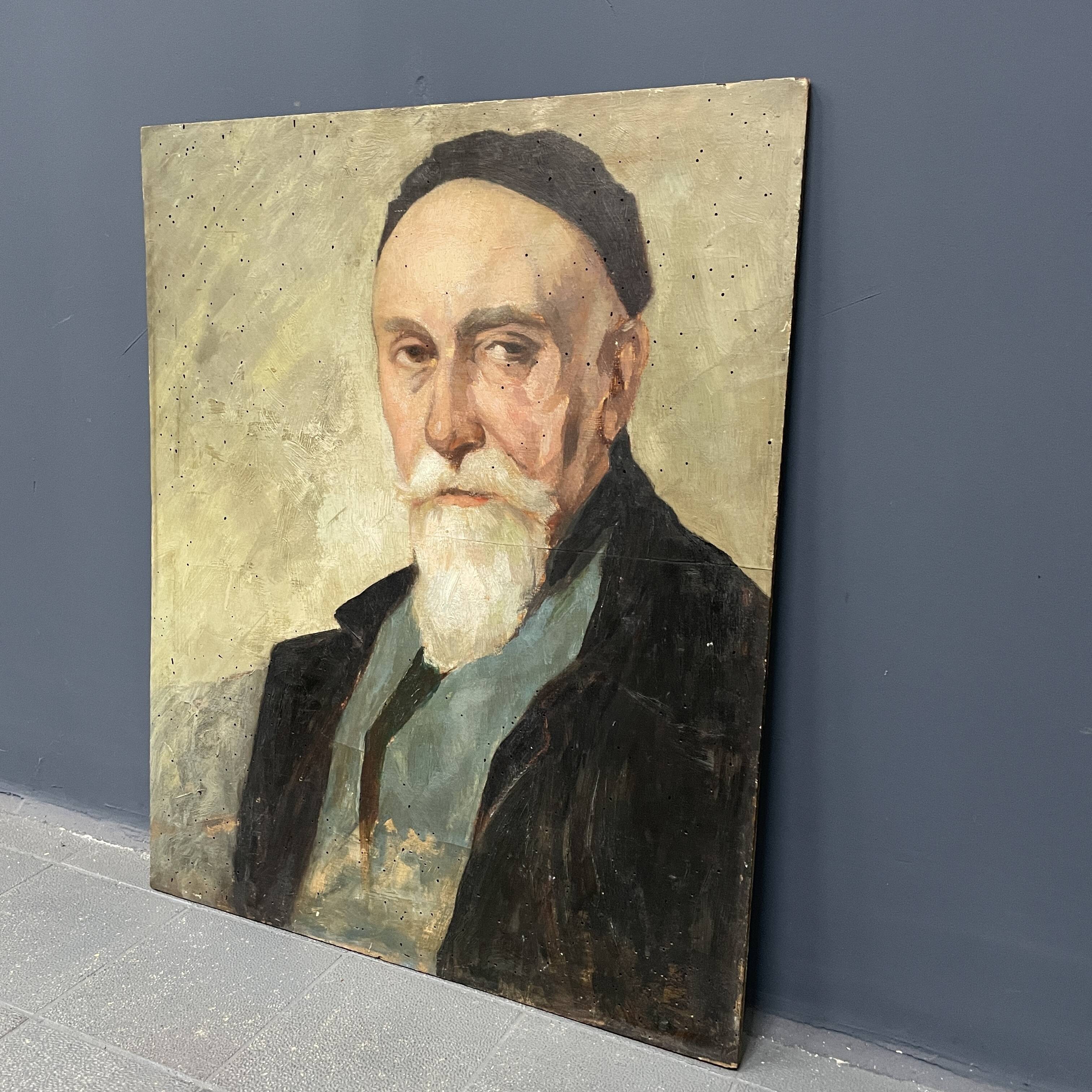 Old portrait of man painted on wooden panel