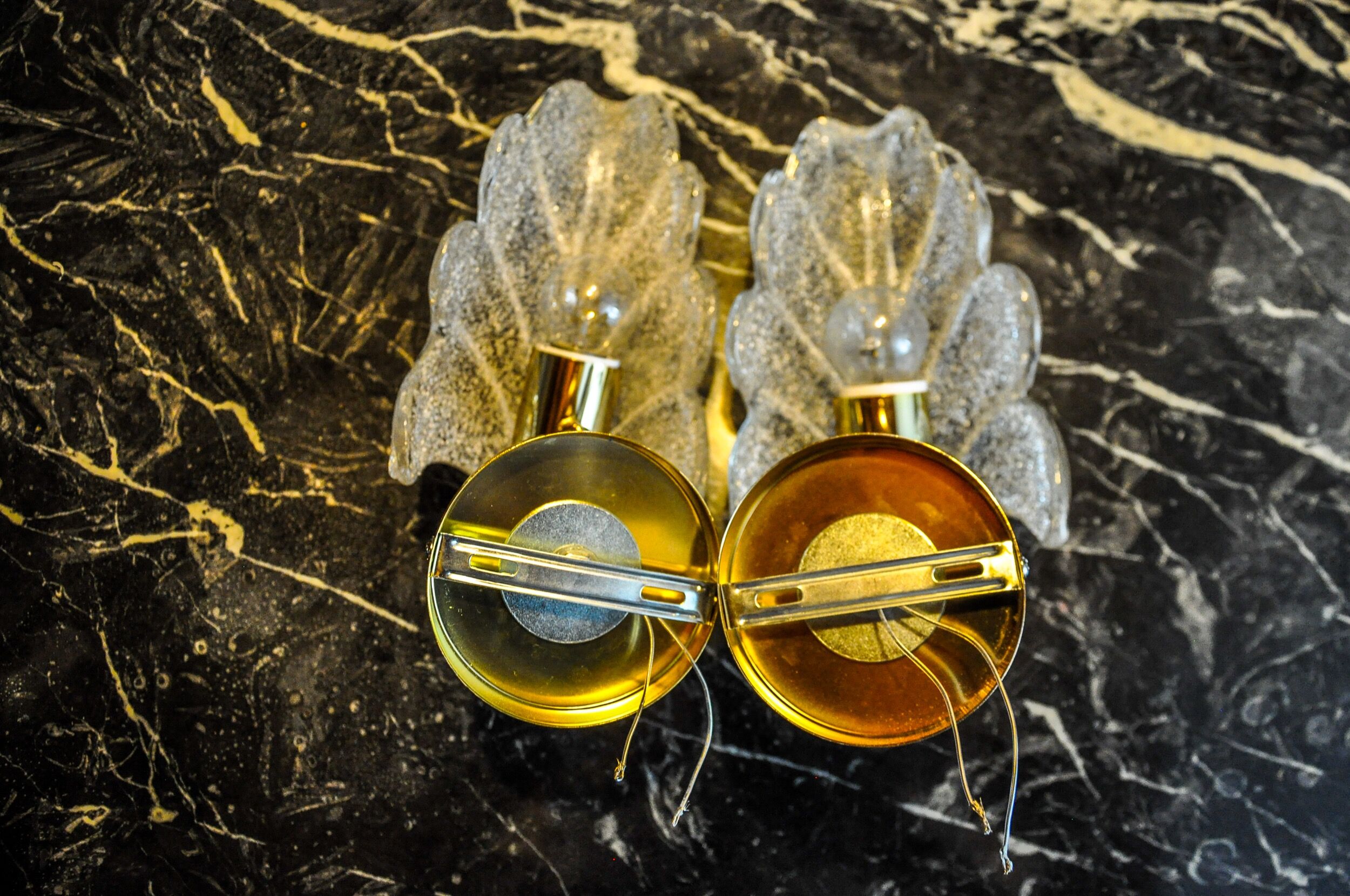 Pair of frosted leaf sconces, murano glass, italy, 1970