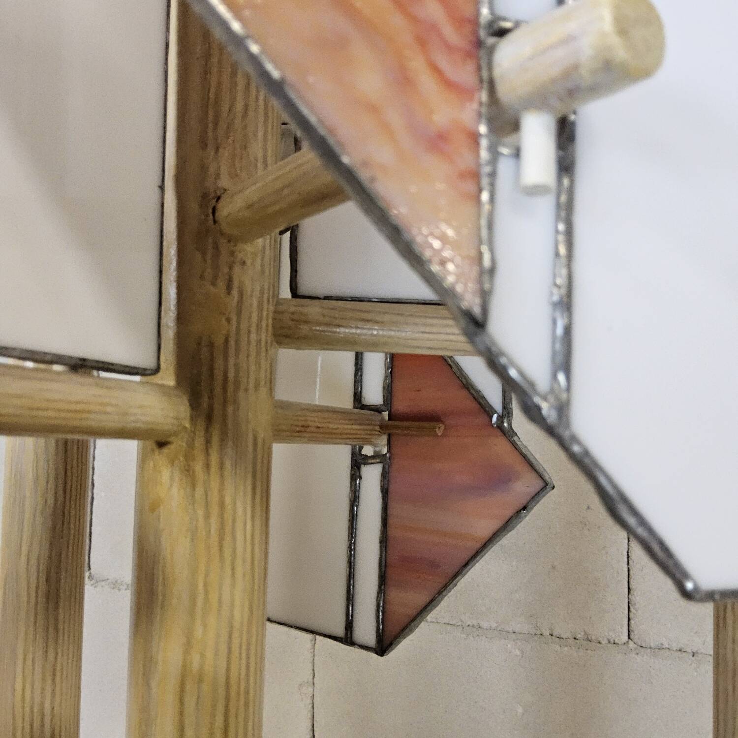 Pine wood floor lamp with handmade stained glass in Japandi style.