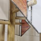 Pine wood floor lamp with handmade stained glass in Japandi style.