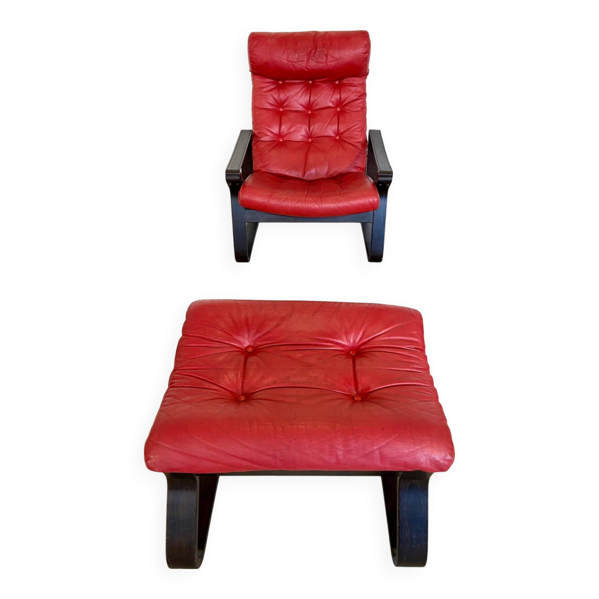 Vintage danish retro reclining lounge chair & stool in red leather by komfo