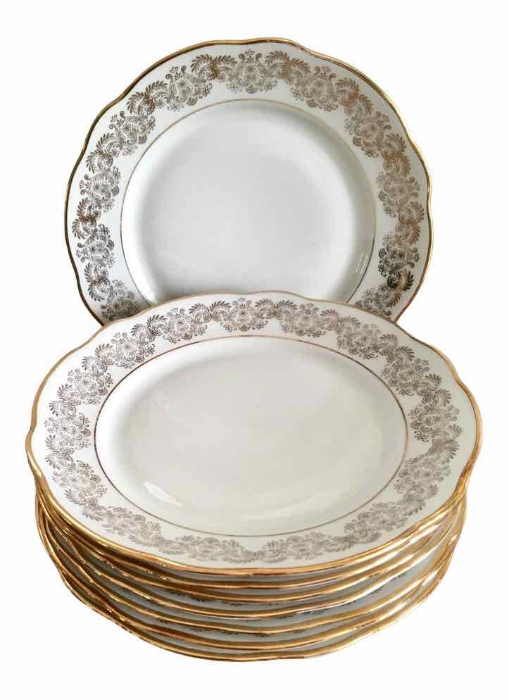 8 white and gold porcelain dessert plates