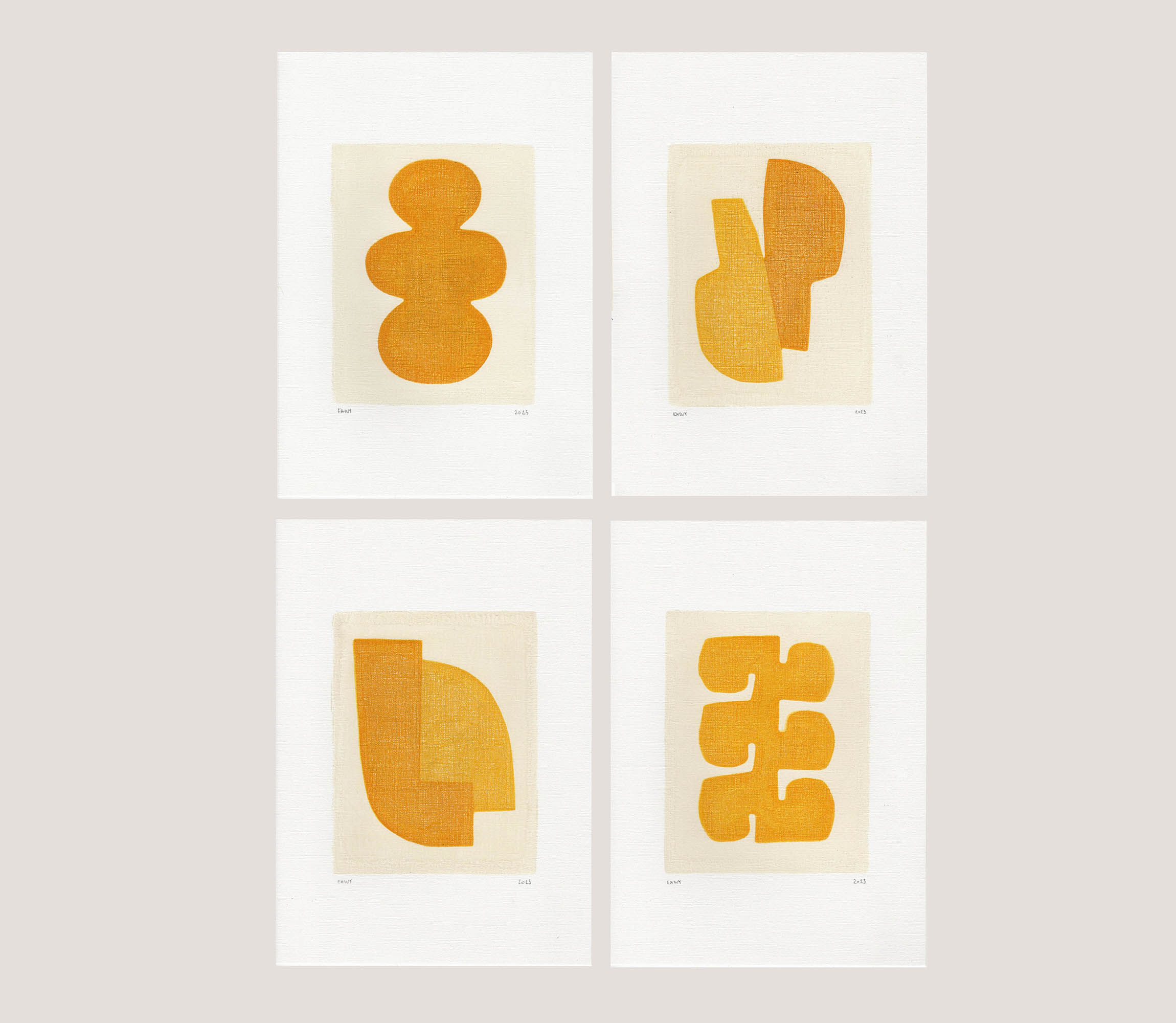 Series of 4 paintings on paper - yellow abstract compositions - signed Eawy