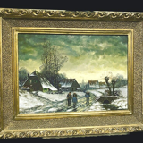 Oil on canvas "Snowy village animated by characters" XX century