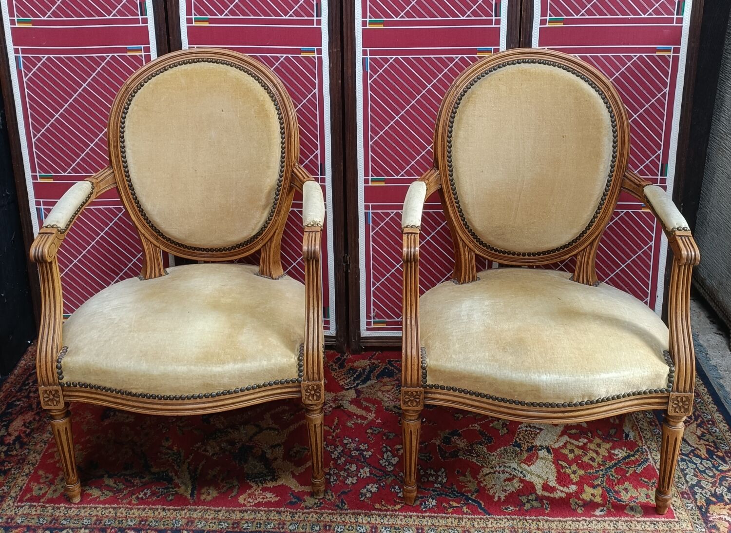 Pair of armchairs medallion Louis XV style, yellow velvet