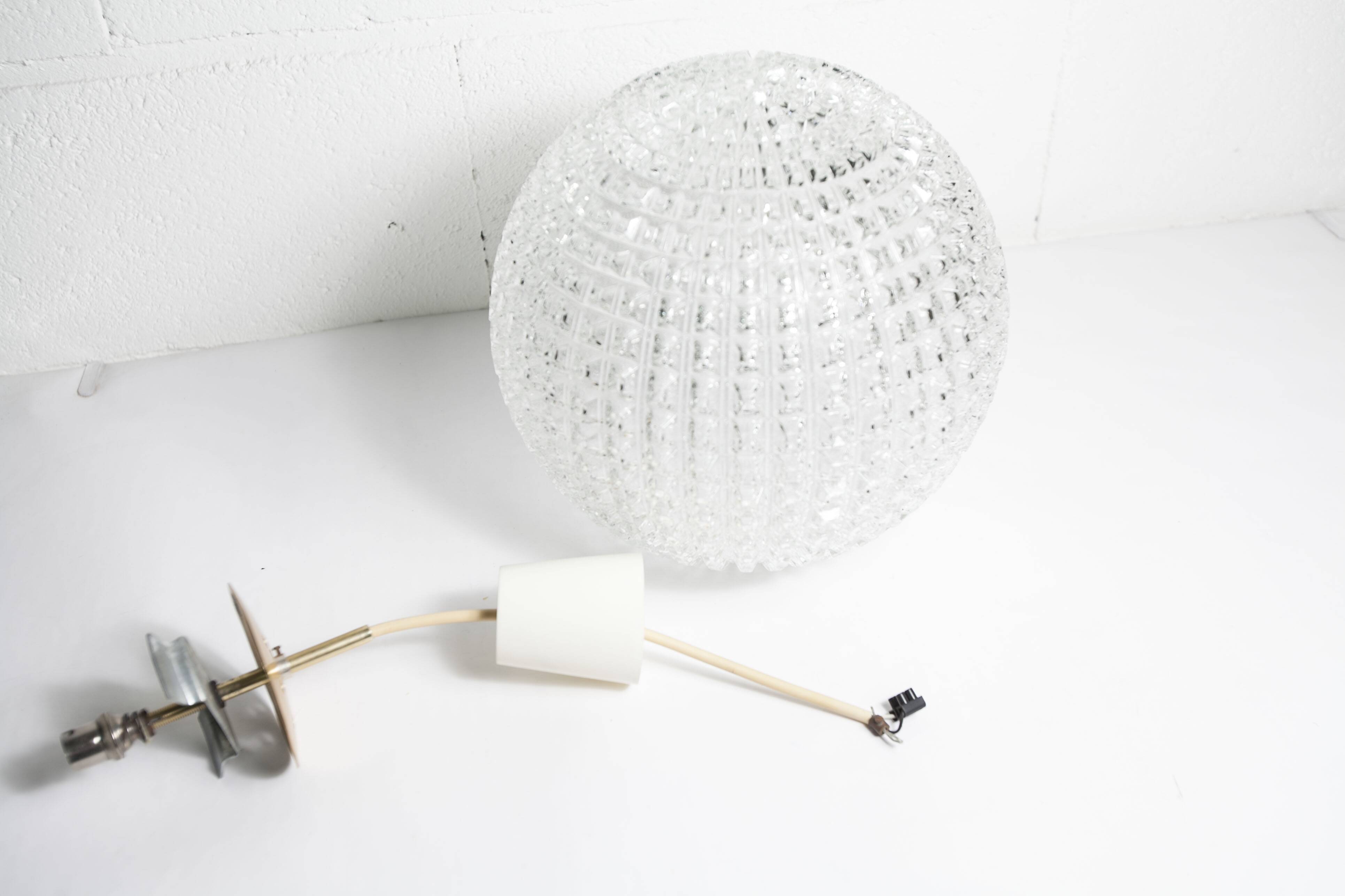 1960s Holophane Ball Pendant Chandelier, Thick Glass, 30 cm, and Vintage Brass