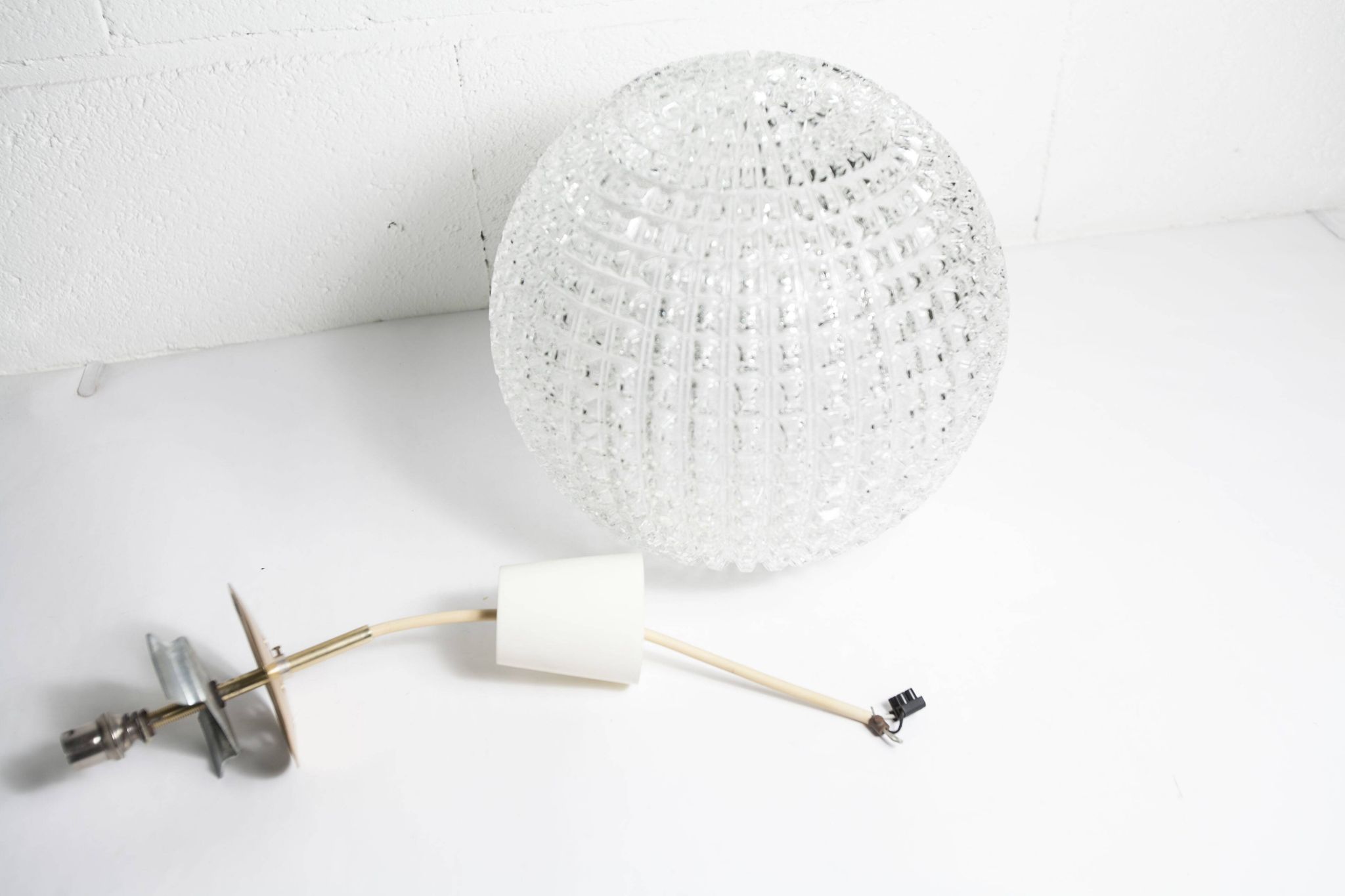 1960s Holophane Ball Pendant Chandelier, Thick Glass, 30 cm, and Vintage Brass