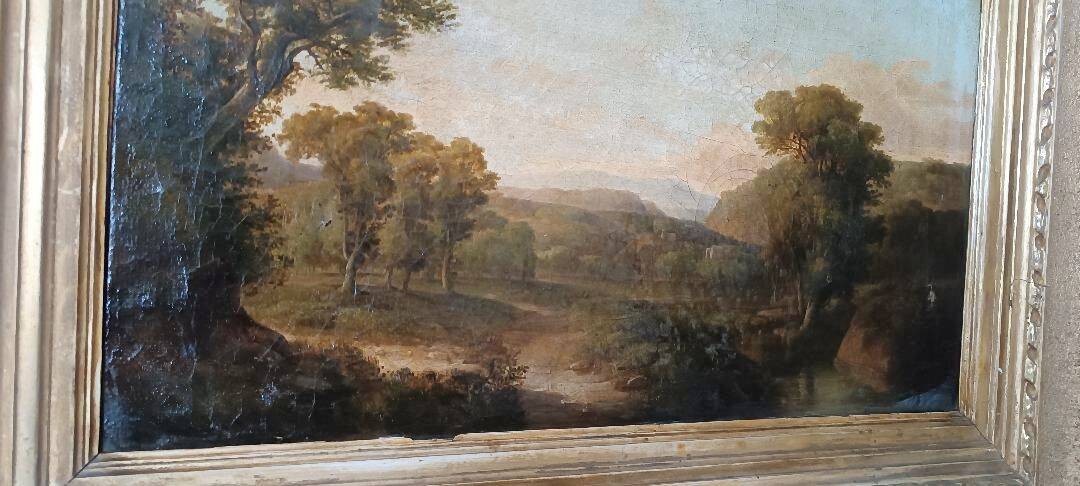 Antique painting on canvas depicting a bucolic landscape