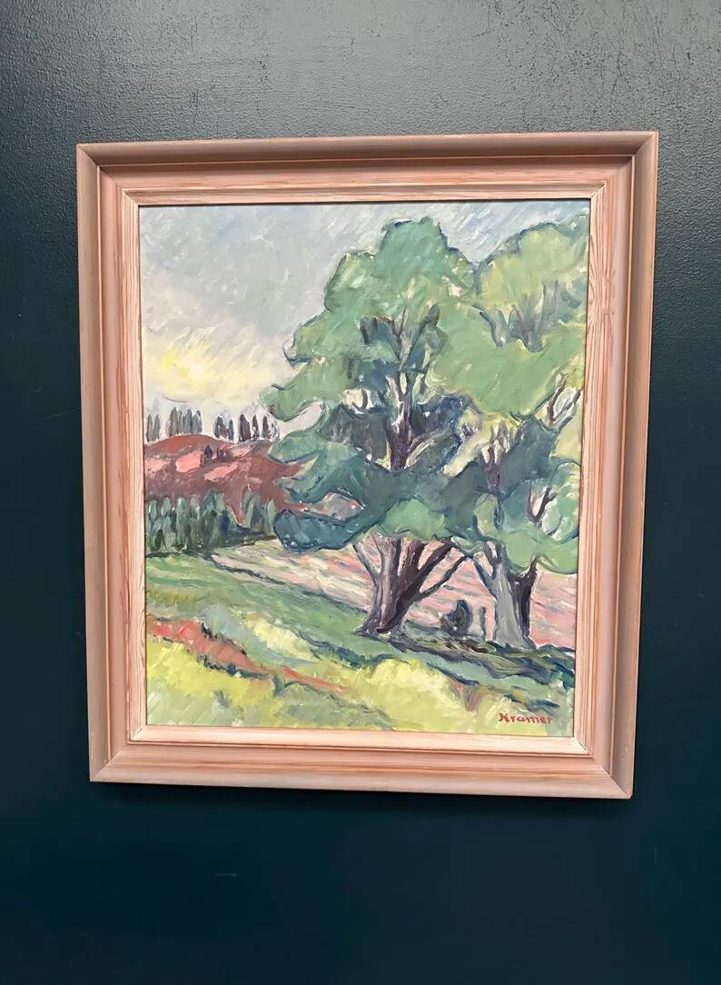 Original Swedish Oil on Canvas – "Landscape Composition" by Kramer – Signed – Vintage and Framed – 72 × 62 cm (28.3" × 24.4")