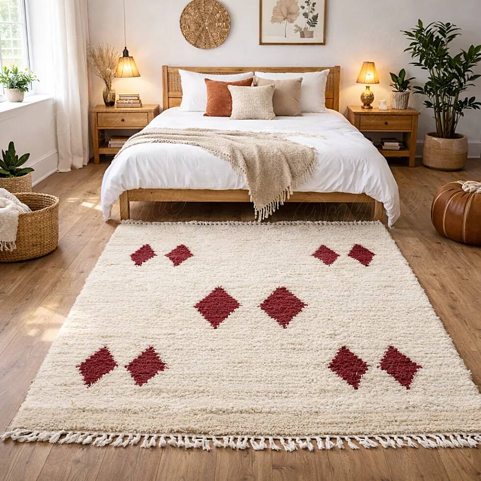 Minimalist cream Berber rug with red diamonds.
