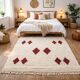 Minimalist cream Berber rug with red diamonds.