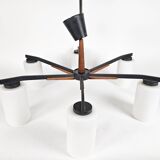 Vintage - Denemarken - 6 armige plafonlamp - teak - metaal - opaal glas - 60's