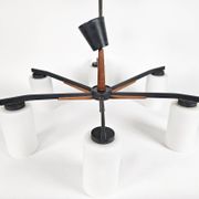 Vintage - Denemarken - 6 armige plafonlamp - teak - metaal - opaal glas - 60's