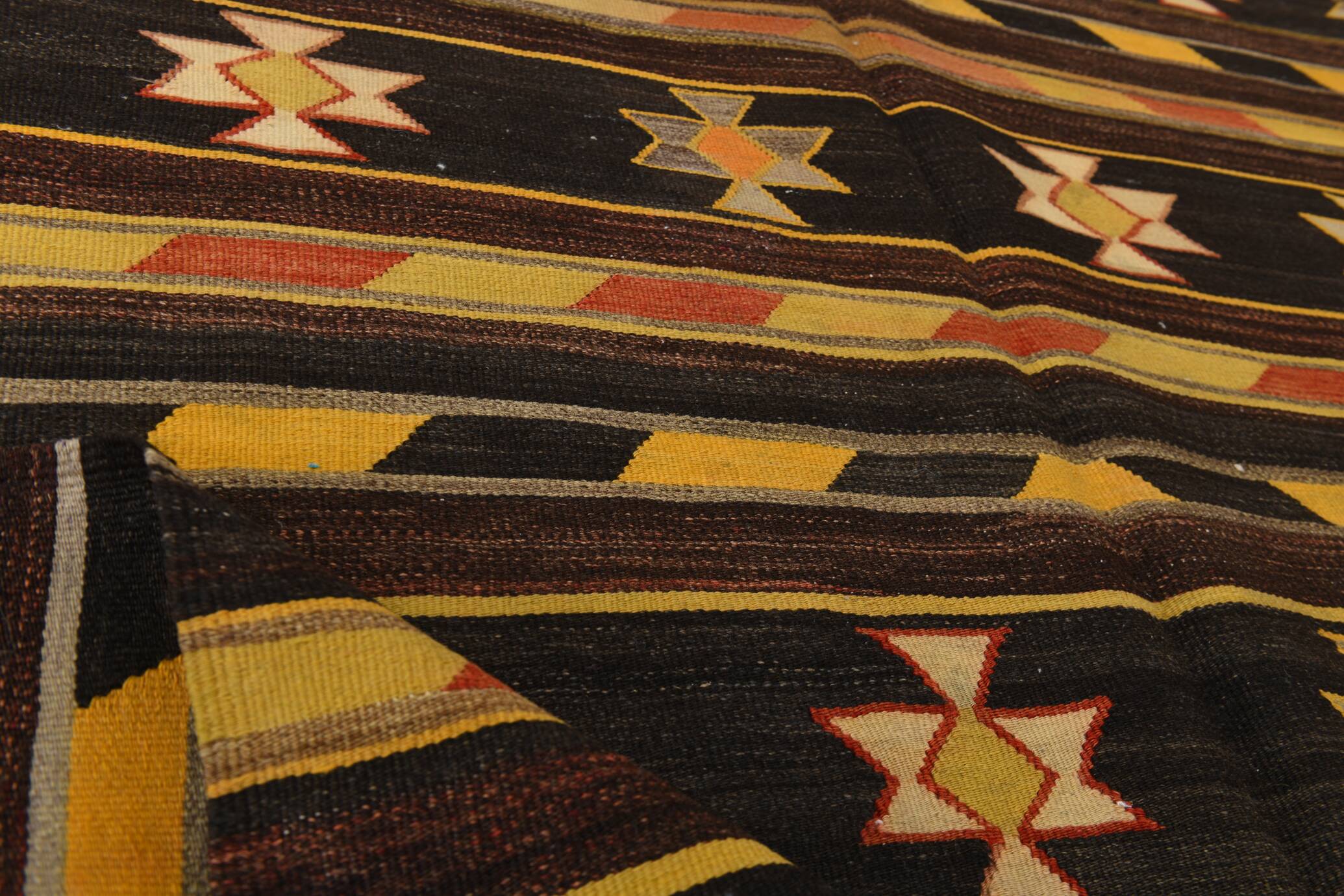 6x10 Dark Brown & Yellow Striped Handmade Wool Kilim Rug, 170x312 Cm
