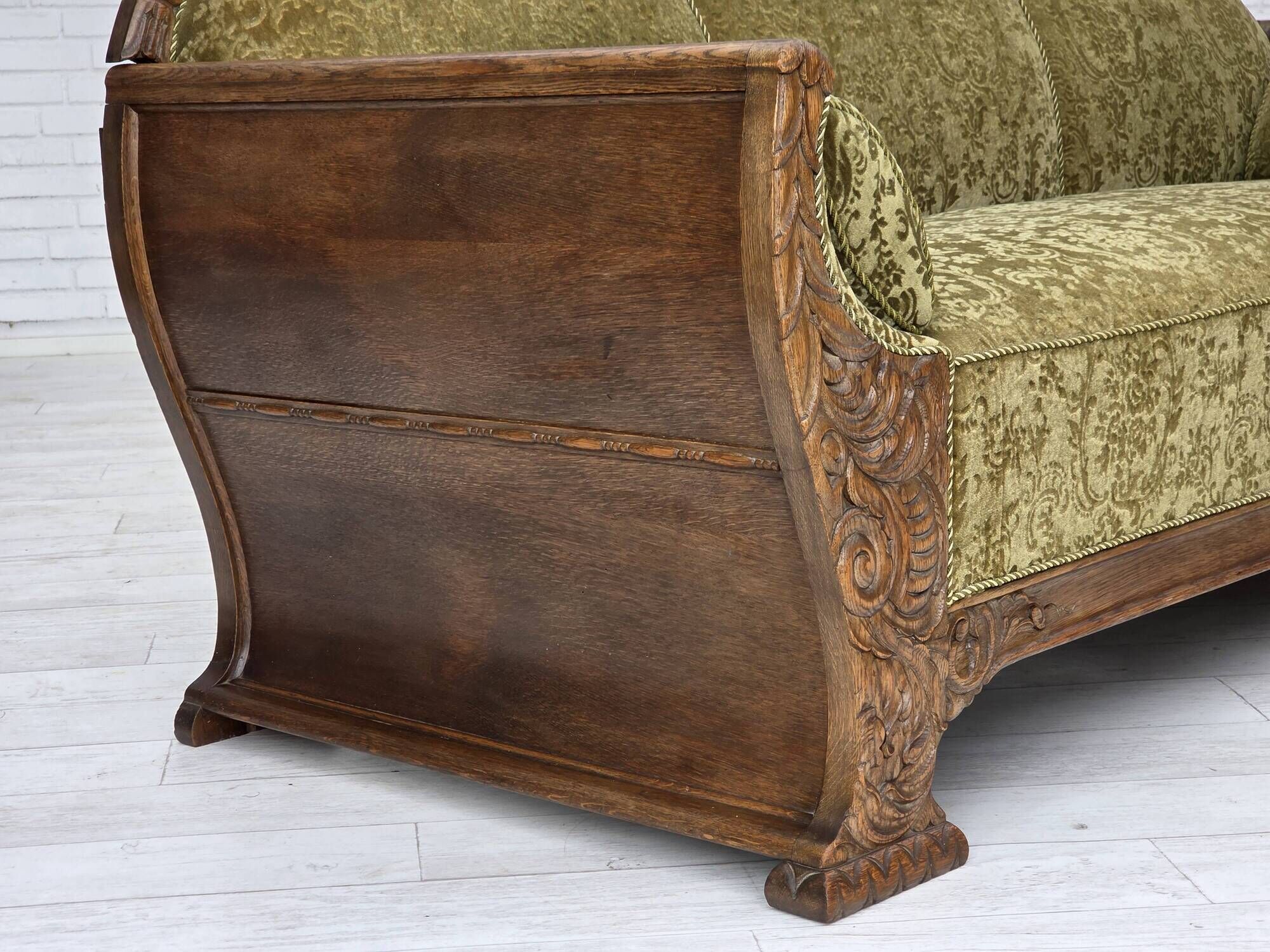 1950s, Danish 3-seater sofa, green furniture velour, oak wood.