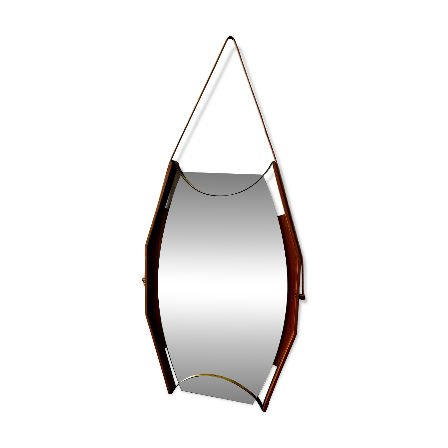 Wall mirror with brass detail and leather mounting, Vetreria Andreini, Ravenna, Italy, 1950s
