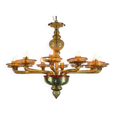 Lustre Vénitien En Verre De Murano Mordoré Souligné D’un Filet Rouge, Venini Vers 1940