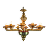 Venetian chandelier in gilded Murano glass highlighted with a red net, Venini circa 1940