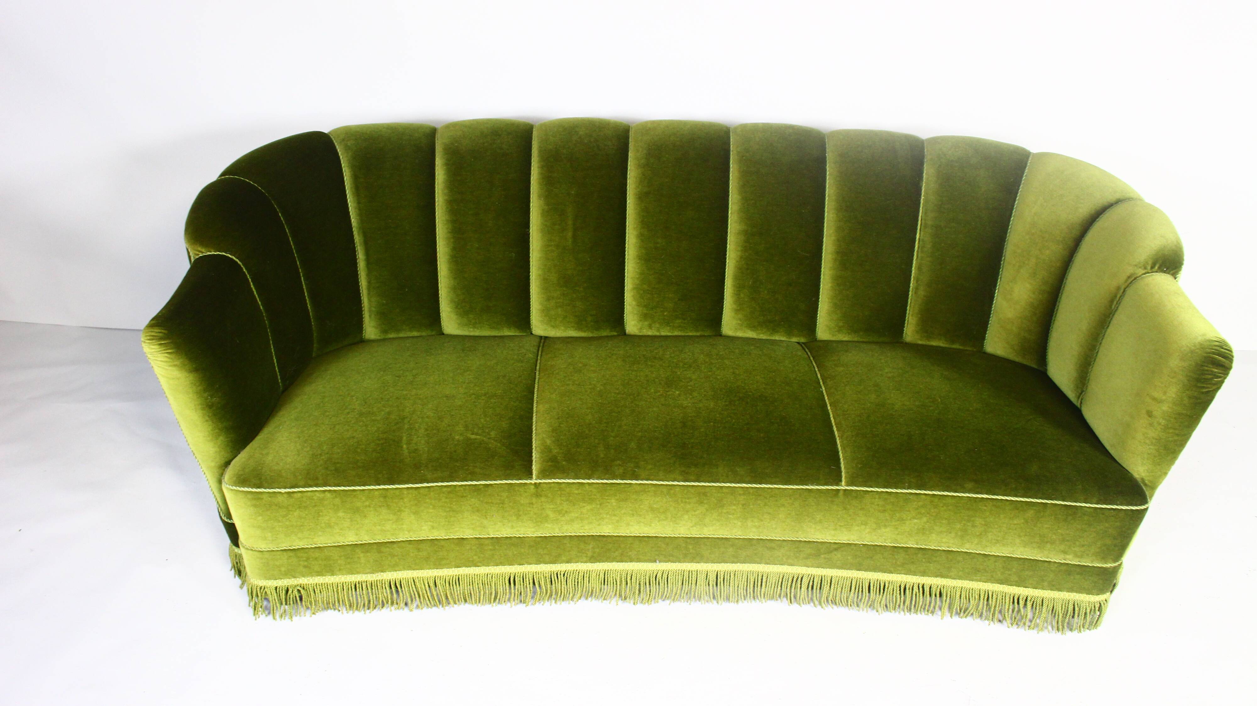 1940s art deco green velvet banana sofa, Denmark