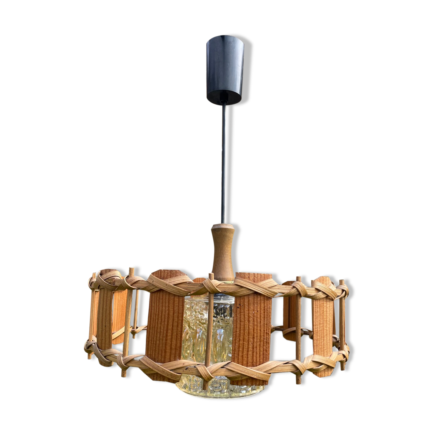 Rattan wood and glass pendant light 1970