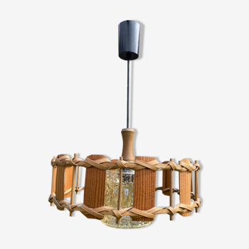 Rattan wood and glass pendant light 1970