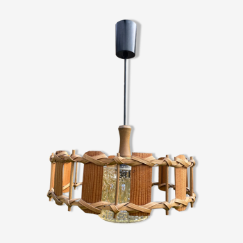 Suspension bois rotin et verre 1970