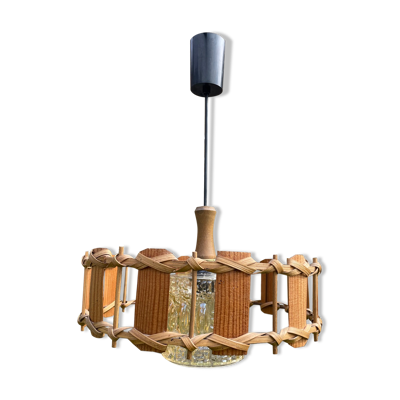 Suspension bois rotin et verre 1970