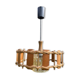 Rattan wood and glass pendant light 1970