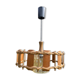 Rattan wood and glass pendant light 1970